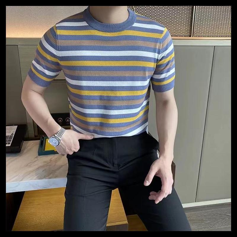 

Men s Ice Silk Color Block Striped Round Neck Short Sleeve T-Shirt Small