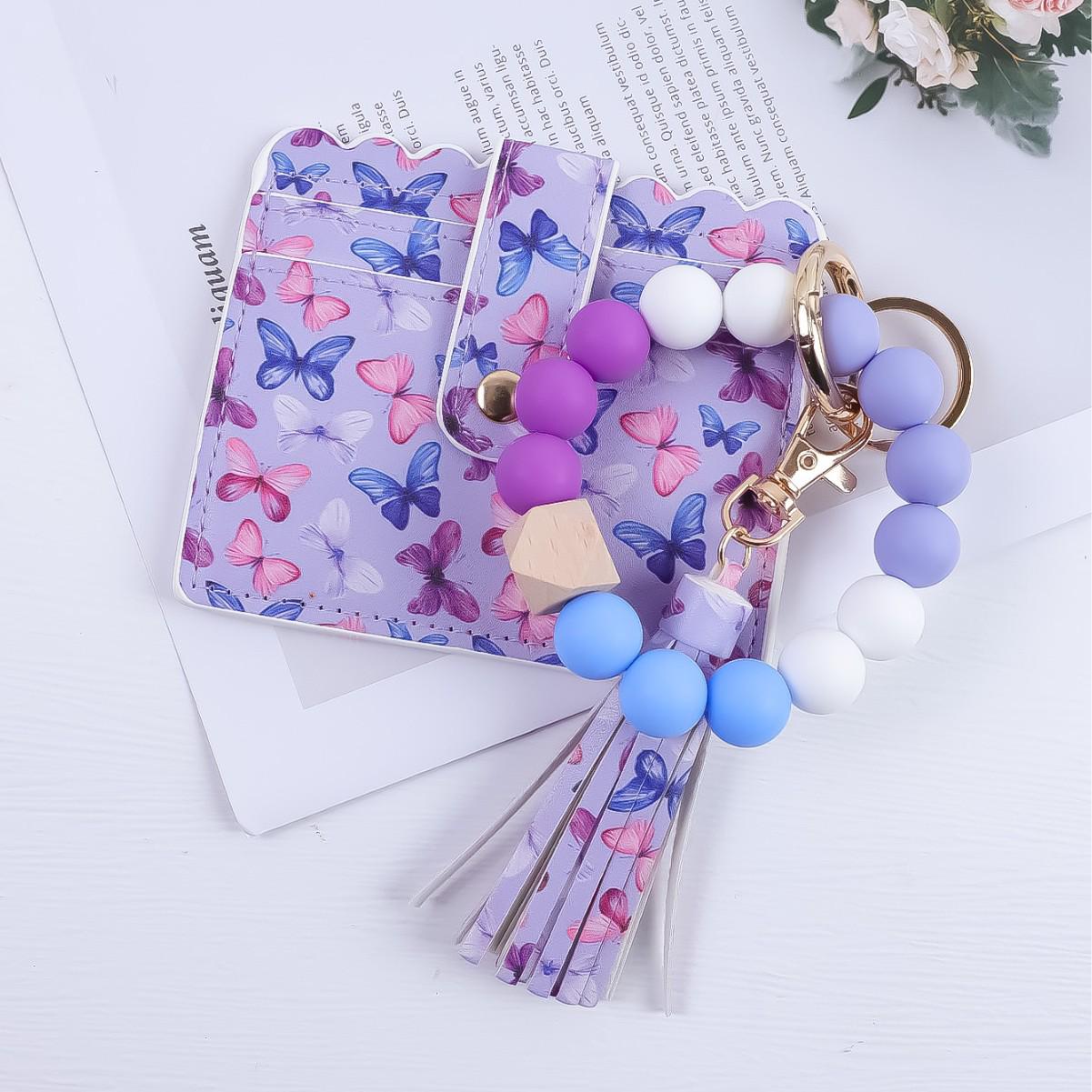 Butterfly Print Women s Wallet with Keychain & Silicone Bead Bracelet Card Holder