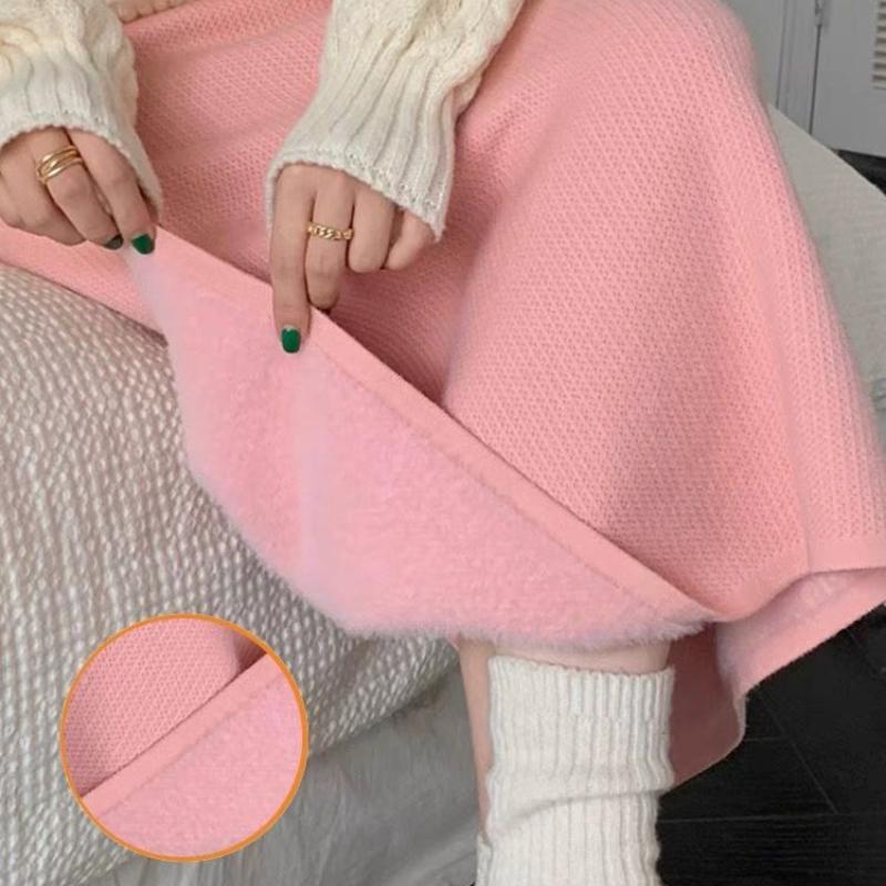 Gonna Midi Dritta Invernale da Donna in Maglia Pile Monopezzo Viola a Vita Alta Foderata in Pile Spessa