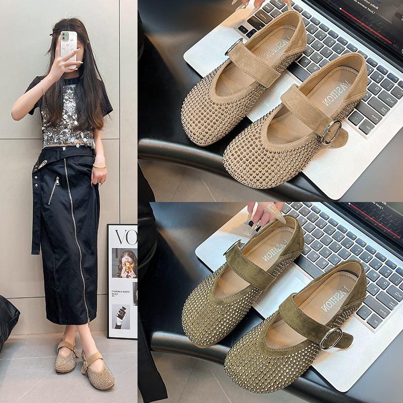 Large Size Flat Mary Jane Women's Shoes Autumn New Retro Rhinestone Shallow Mouth One-word Buckle Single Shoes Doudou Shoes