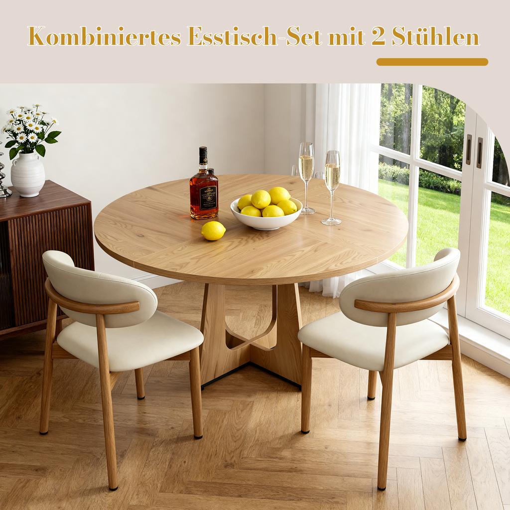 Modular Round Dining Table Set with 1 Table and 2 Chairs, Table Top MDF with Oak Veneer, Chairs Made of Solid Oak Veneered In Natural Wood Color