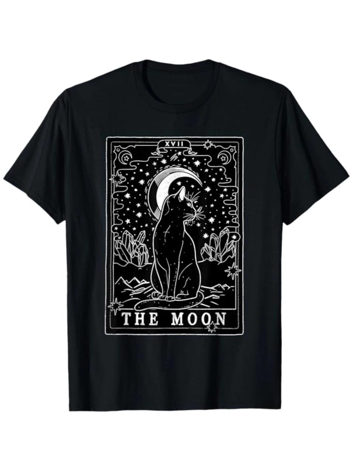 The Moon Tarot Card Cat T-Shirt - Mystical Celestial Black Cat Graphic Tee XL