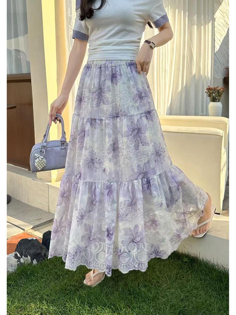 חצאית פרחונית סגולה בסגנון קוריאני: עיצוב יוקרתי, מפחית גיל, מותן אסוף