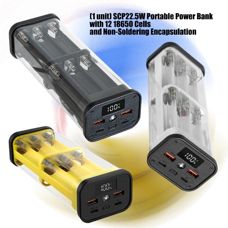 Solderless Powerbanks Kit for 12x18650 Batteries Easy Assembly with Plastic Case and Safety Protections Mechanism