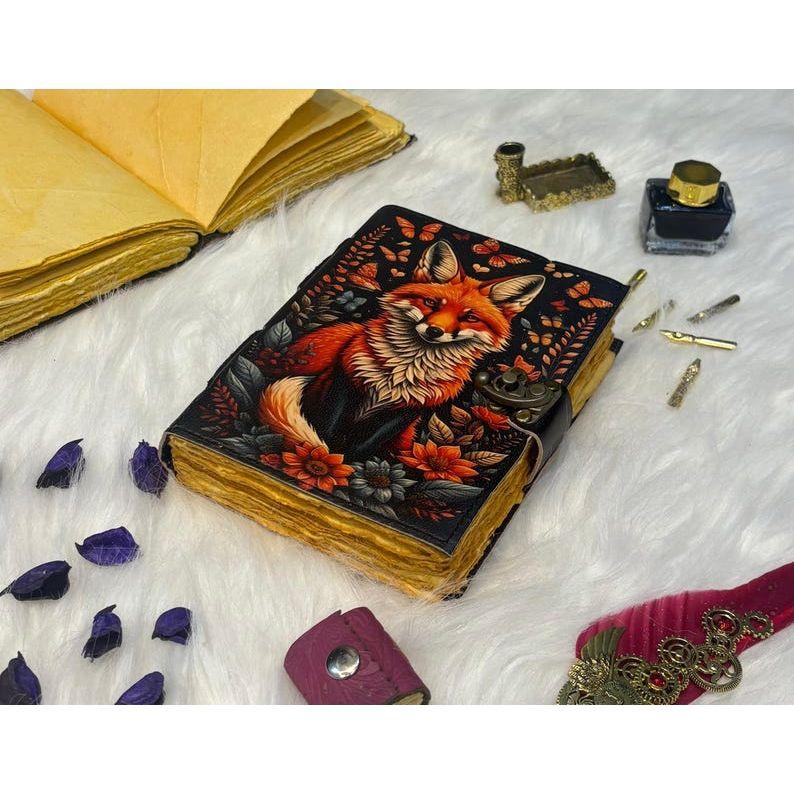 Forest Fox Leather Journal – Handmade Vintage Diary with Autumn Flowers & Deckle Edge Paper Antique Lock – Grimoire Journal – Book of Shadow