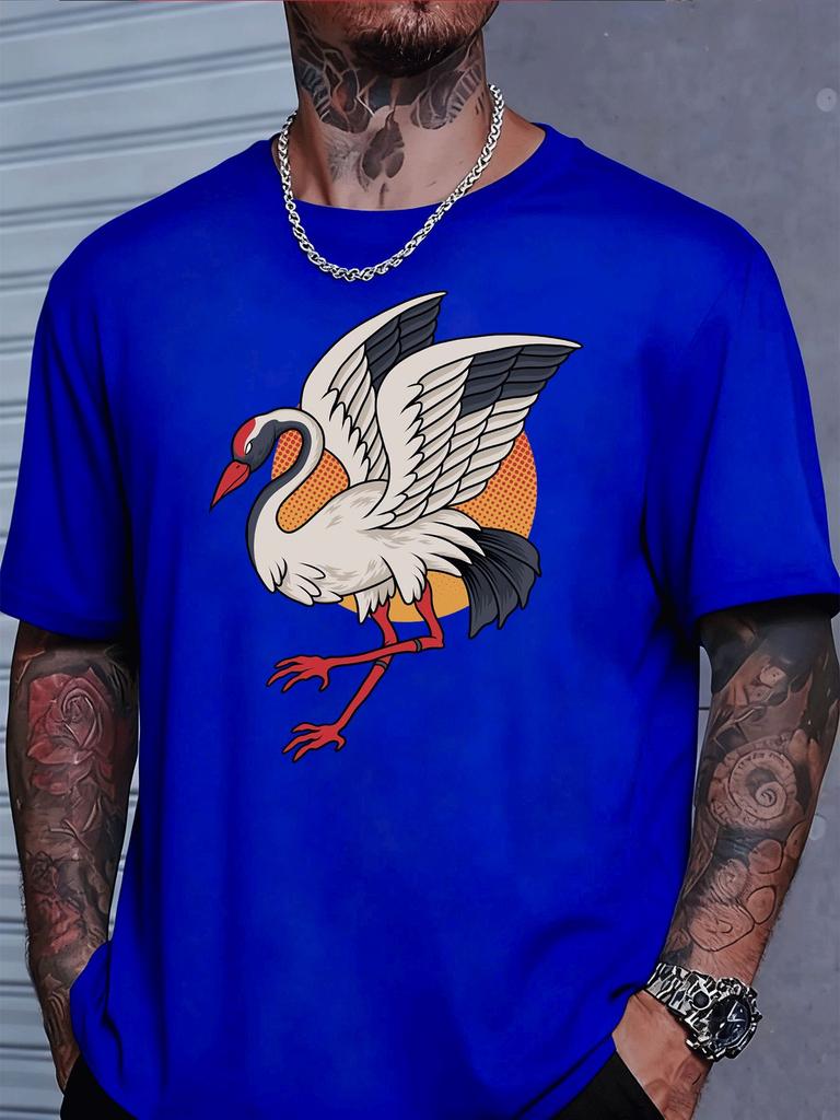 Asian Style Red Crowned Crane Print Unisexs Short Sleeve Crew Neck Cotton Tee Loose Fit Lightweight Summer Daily Street Wear Top