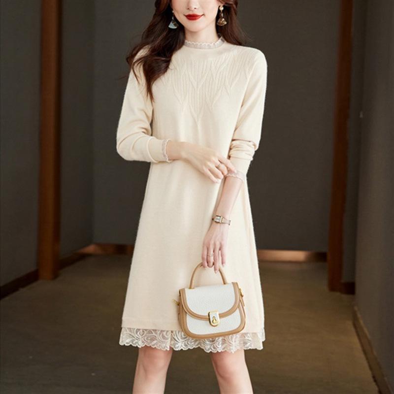 Bottom semi-turtleneck knitted dress women's autumn and winter new medium and long styles with coat inside and outside sweater skirt