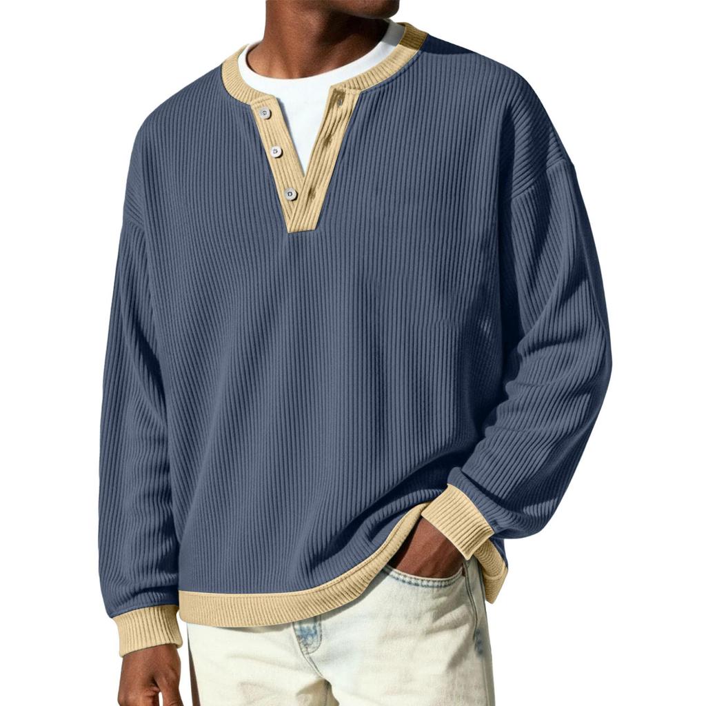 Men's Button-Down Collar Long-Sleeve Ribbed Knit Pullover