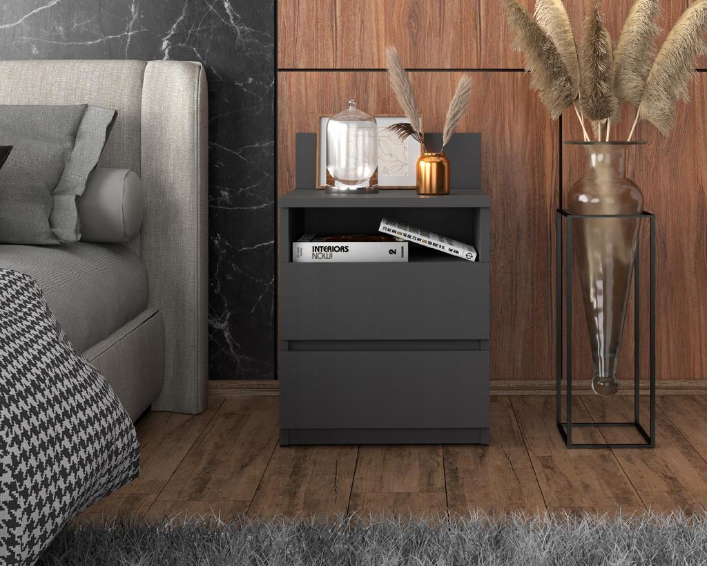 Bedside Table Gray 40cm 2 Drawers Shelf For Bedroom