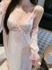 1011 summer new jacquard pajamas women's ice silk nightgown long suspender nightdress with chest pad lace loungewear