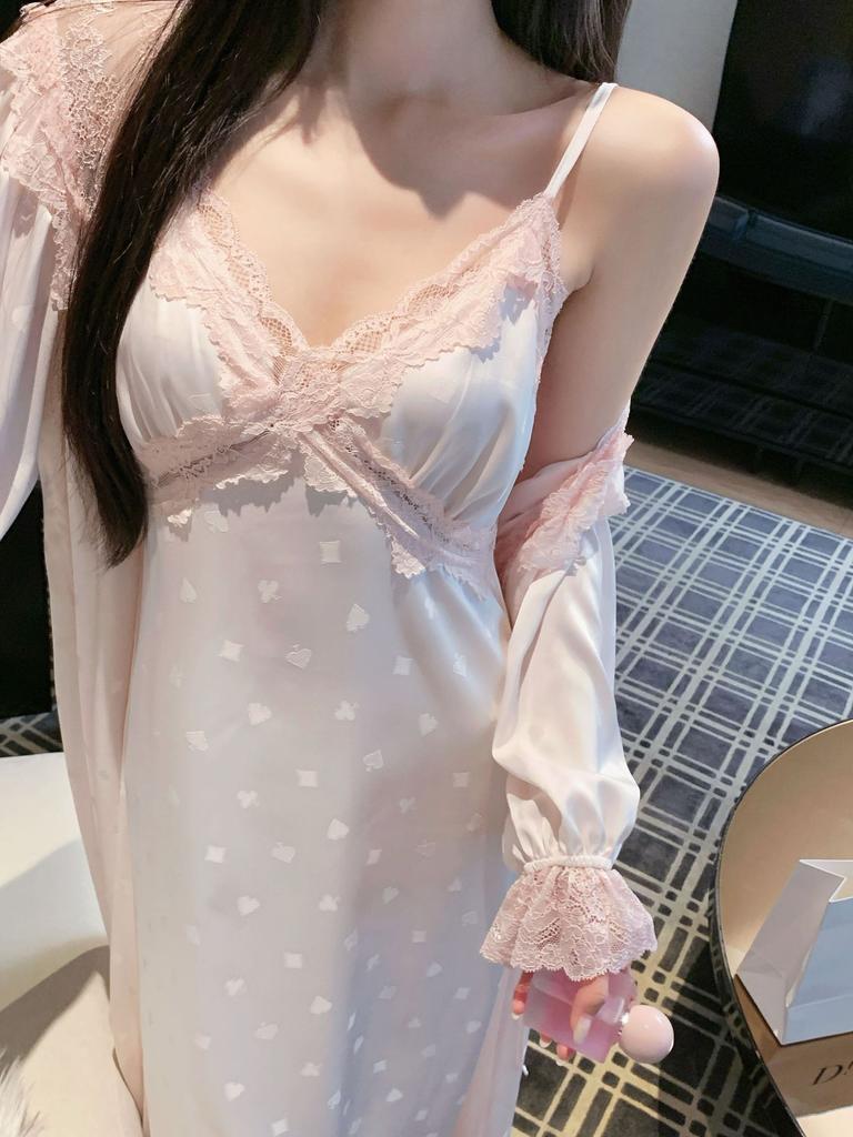 1011 summer new jacquard pajamas women's ice silk nightgown long suspender nightdress with chest pad lace loungewear