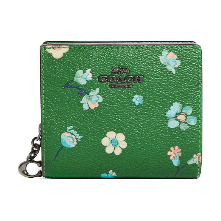 

Coach Snap Wallet 11 Floral Print Folded Snap Leather Coated Canvas Card Holder Clutch Wallet Women wallet Green C8703-QBGRU Basic Set (Bag+Dust Bag)