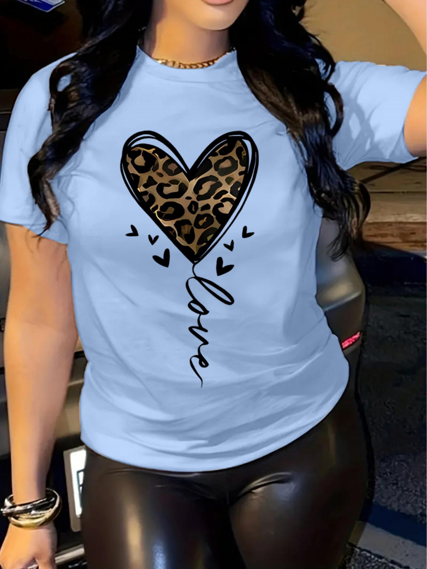 Women s Casual Short-Sleeve T-Shirt - Leopard Print Heart & Letter Design, Soft Crew Neck Top XXS