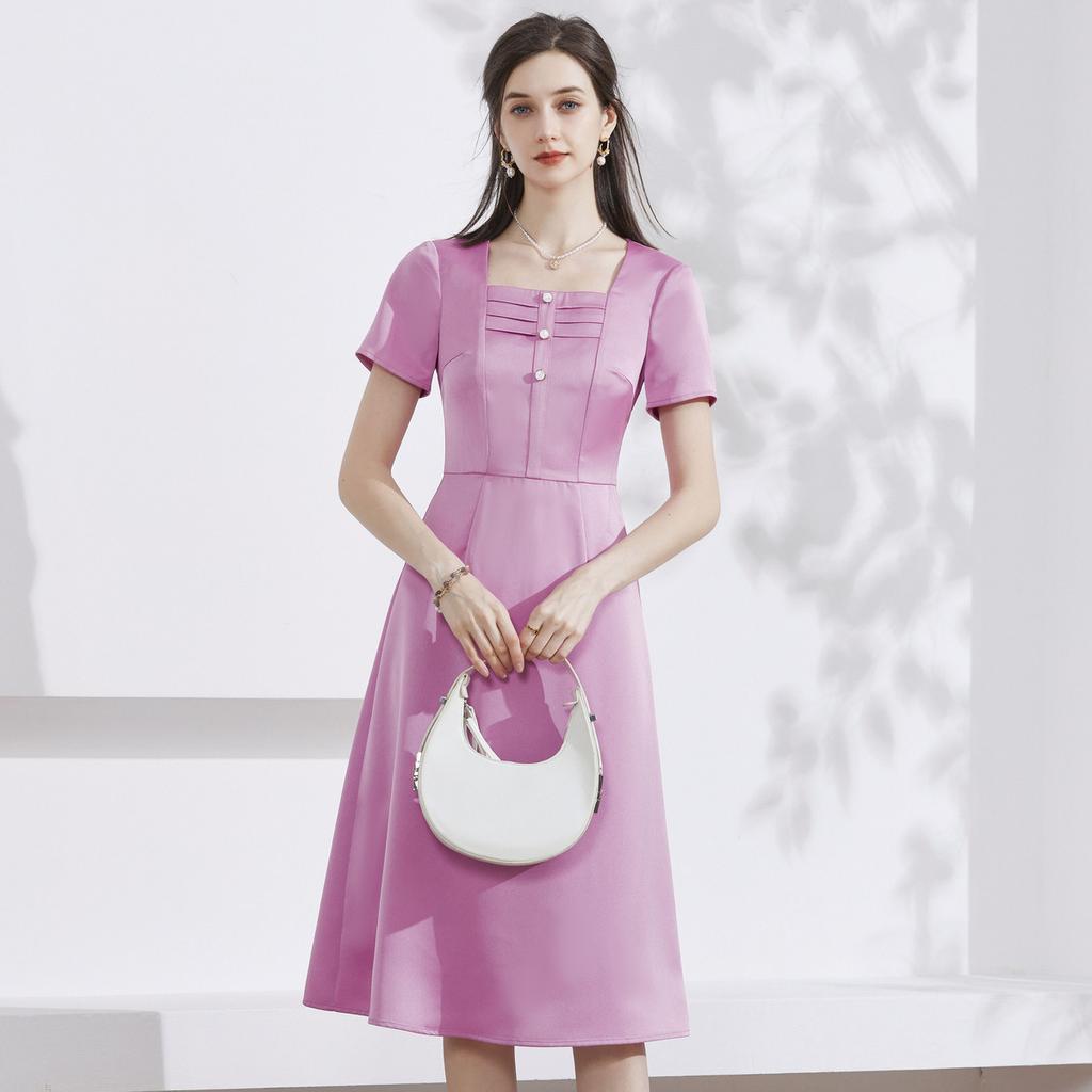 French Square Neck Pleated Dress