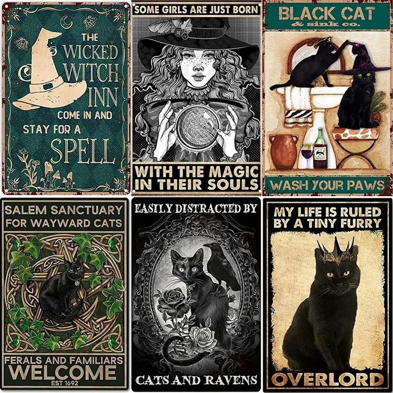 Vintage Hexe Frau Schwarze Kunst Poster Halloween Schwarze Katze Schild Metall Blechschilder Wand Heimdekor Schlafzimmer Badezimmer Raum Kaffee