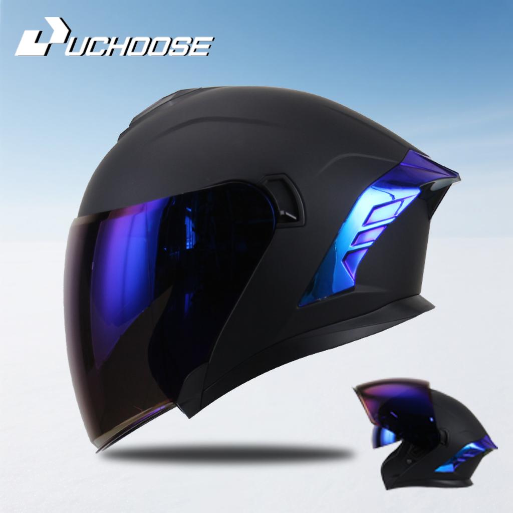 715-Motorcycle Dual Visor Flip-Up Modular Full-Face Helmet Anti-Fog Street Bike Racing Helmet for Women and Men Retro 3/4 Helmet