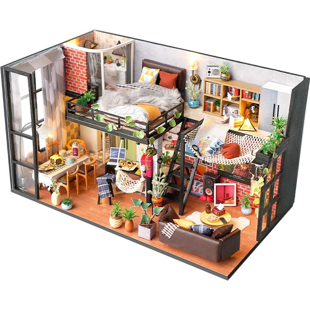 

Moin Moin Миниатюрный кукольный домик Ручная сборка Набор Масштаб 1/24 Двухэтажный Американский Ретро Винтаж со светодиодной подсветкой и акриловым корпусом