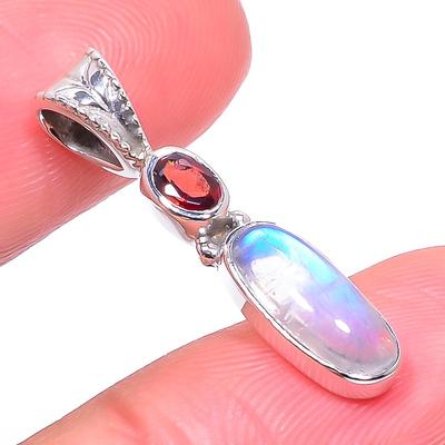Natural Rainbow Moonstone, Garnet 925 Solid Sterling Silver Pendant 1.10" Z5J17