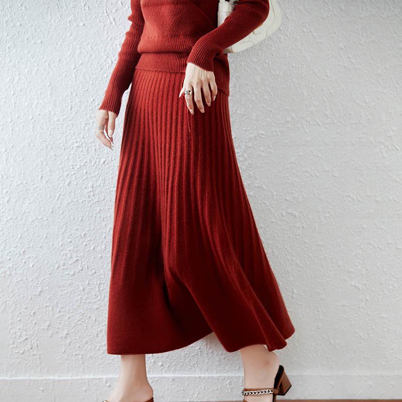 Women's Pure Wool Midi Skirt – Slim Fit, Pleated A-Line, Waist-Cinching for Autumn and Winter