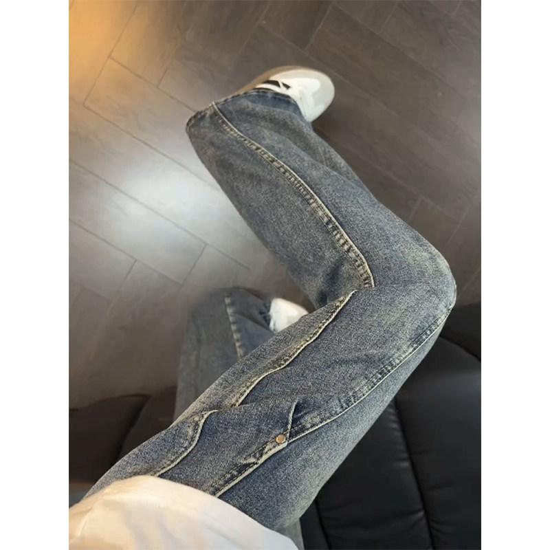 Blue American Miter Pleated Scimitar Jeans Men's High Street Vibe Pants Ruffian Handsome Splicing Straight Micro-pull Pants