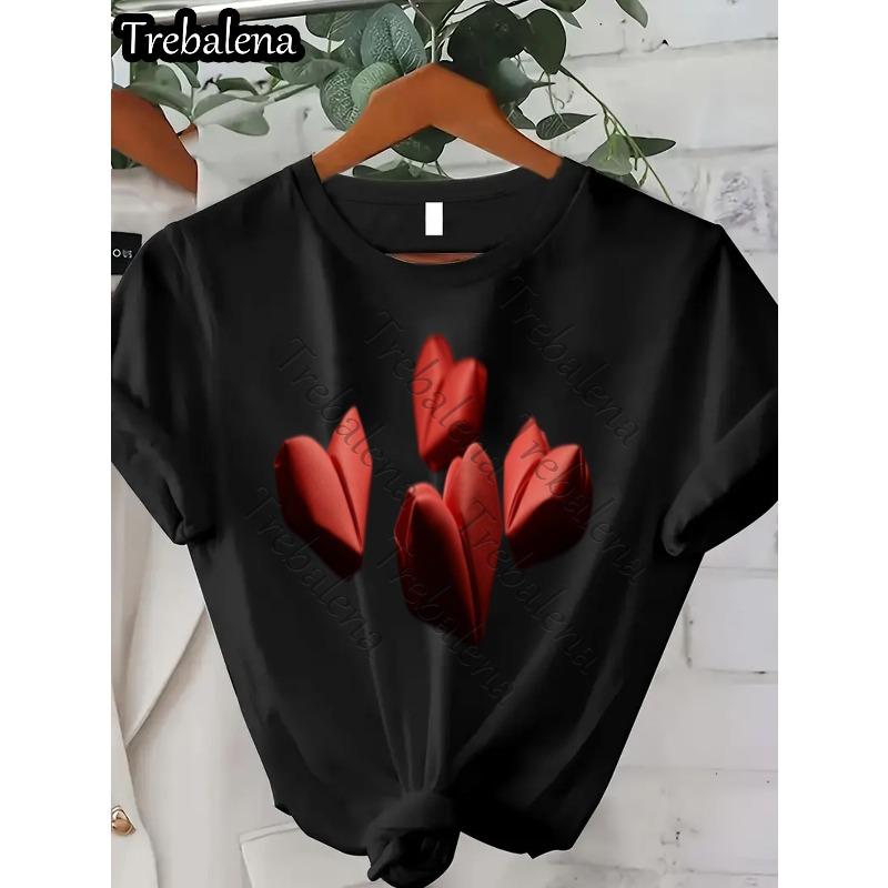 Trebalena Женская Элегантная Футболка Черная Белая Красная Принт Тюльпаны Цветы Круглый Вырез Комфортная Посадка Машинная Стирка Повседневный Топ на Каждый День День Матери S