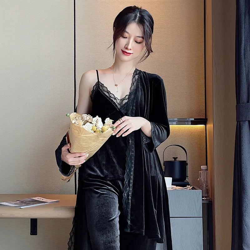 

Женский велюровый пижамный комплект из 3 предметов красного кружева, пижамы с V-образным вырезом, халат, костюм, осенний новый халат, топы и брюки, повседневная пижама, домашняя одежда XL чёрный