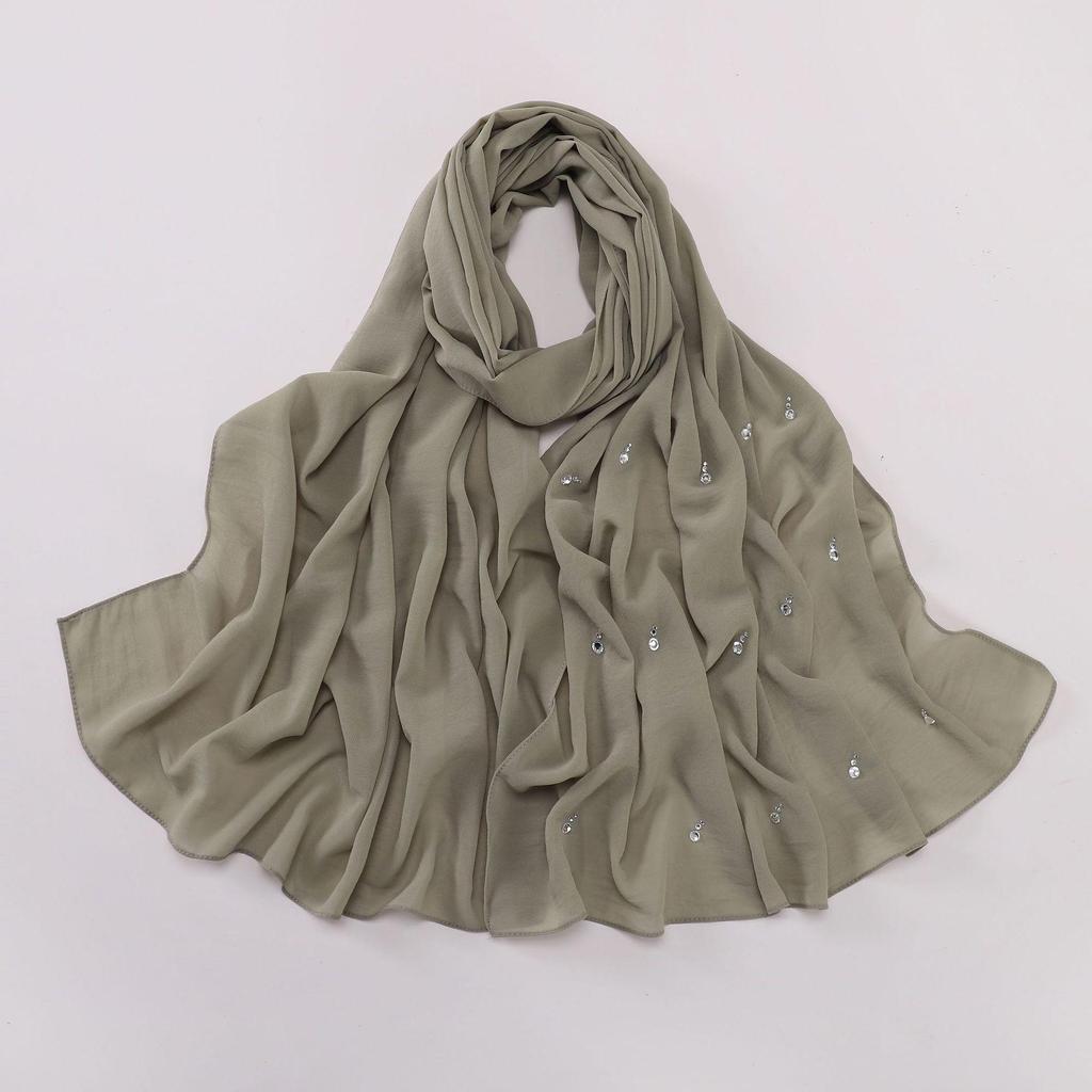 Perłowy szyfonowy hidżab z kroplą wody i diamentami - szalik w stylu bliskowschodnim i malezyjskim