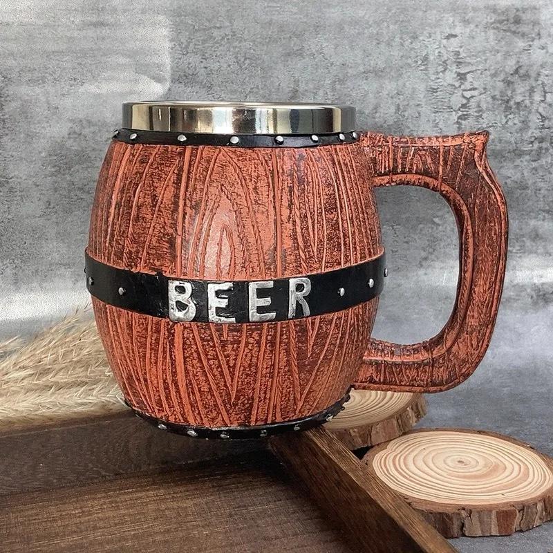 Viking Vintage Oak Barrel Beer Mug Stein with Stainless Steel Liner Coffee Cup Tea Mug Large Capacity Mug Pub Bar Party Gift