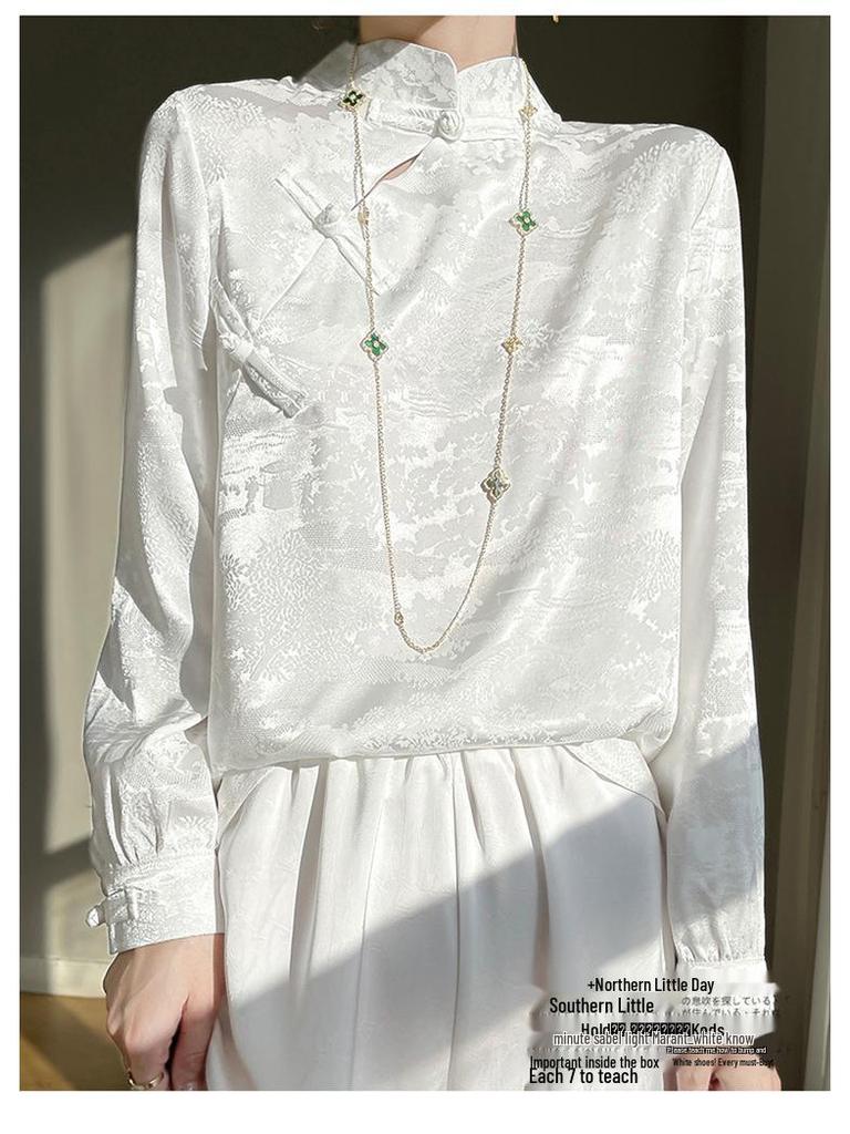 2024 Spring/Summer Women's Chinese Style Satin Jacquard Stand Collar Shirt