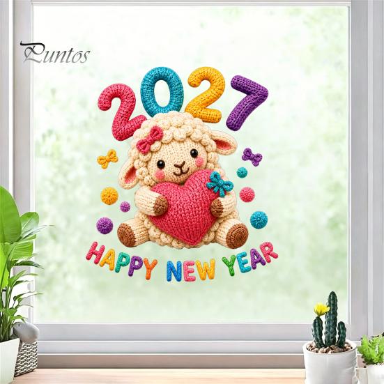 No Glue Window Decorations Chinese New Year Stickers, 2027 Goat Static Clings, Cute Knitted Texture Film Crochet Knit Sheep Decals, Reusable Decor for