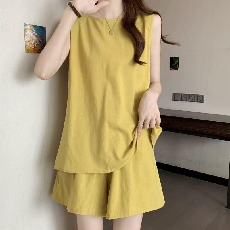 Large size women's clothing fat mm yellow sleeveless top and shorts set summer clothing with a complete set of casual thin two-piece set