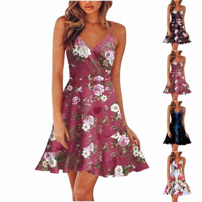 Women Summer Wrap V Neck Adjustable Spaghetti Straps Chest Pleats Casual Ruffle Dress Summer Beach Knee Length Dress Open Back Off Shoulder Dress