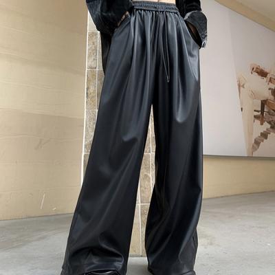 Fashion Street Black PU Leather Wide Leg Pants Women Solid Straight Loose Casual Trousers Women Elegant High Waist Slim Fit Vintage Ladies Pants 25620