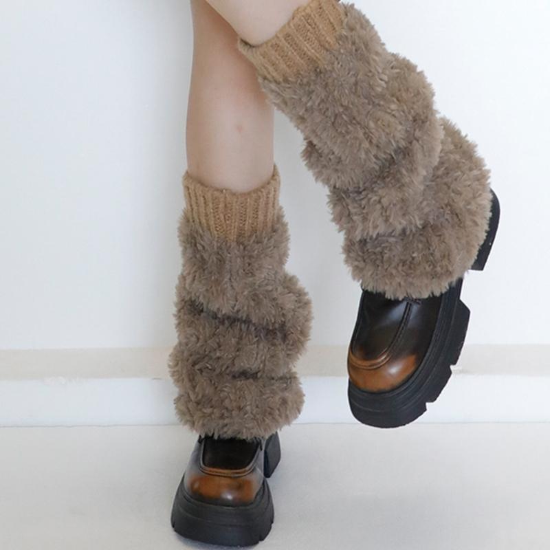 Ribbed Knit Cuffs Furry Leg Warmers for Women Students Winter Furry Plush Boot Covers Stretchy Calf Socks Streetwear
