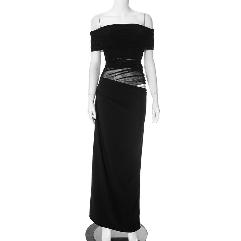 

Асимметричное платье, Сетчатая вставка, Диагональный вырез горловины, Облегающее эластичное платье с короткими рукавами S чёрный