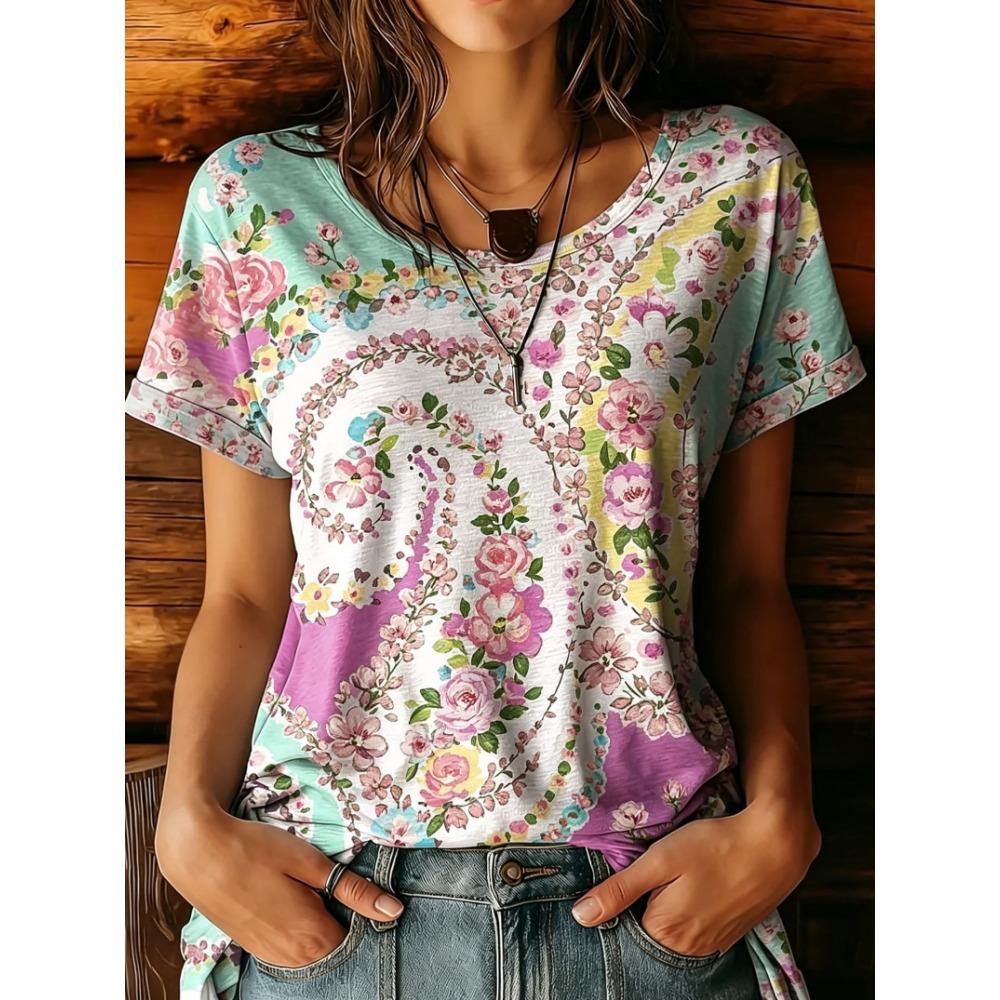 Women's Multicolor Floral Paisley Round Neck T-Shirt, Short Sleeve Casual Tops, Boho Daily Wear for Spring Summer