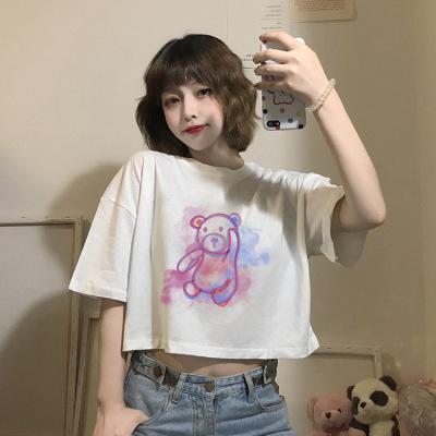 Summer Korean Version of the New Loose Short Fun Bear Print Playful Navel Short-sleeved T-shirt Top Women Ins