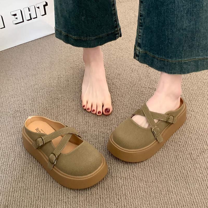 Women's Thick Bottom Baotou Slippers Spring New Round Head Shallow Mouth Belt Buckle Non-slip Flat Shoes
