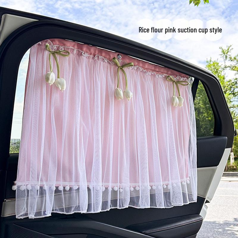 Blue Rain Lace Car Sunshade Curtains for Baby - Suction Cup Side and Rear Window Protection