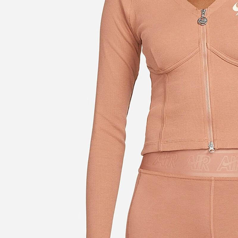 Nike Full Length Double Zipper Knit Fishbone Long Sleeve Raglan T-Shirt Women Tops Brown DM6067-215