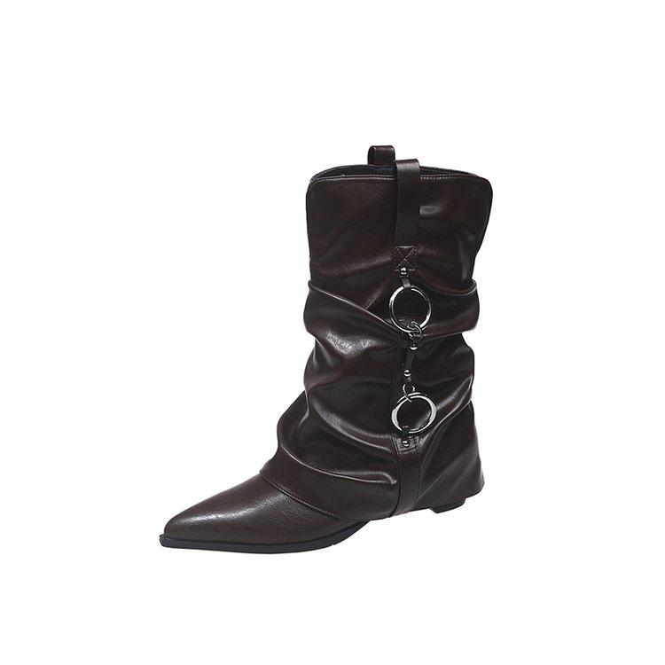 [All Girls' Shoe Cupboard] Autumn and Winter 2025 Pointed Pleated Pants Boots Double Buckle Thick-soled Versatile Boots