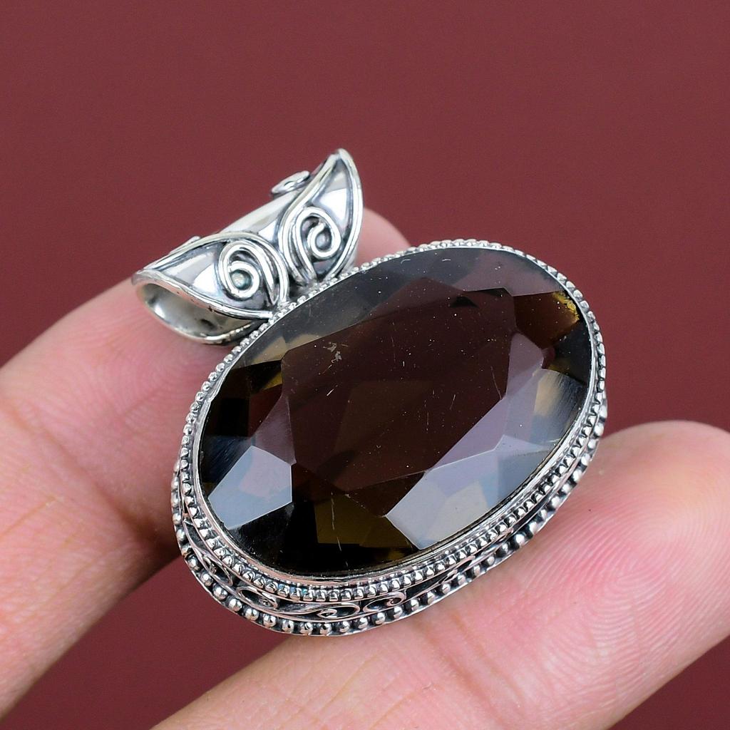 Fasetterat Rökkvartshänge Vintage Ädelstenshänge Statement Smycken 925 Sterlingsilverhänge Handgjort Helt Nytt Hänge Gåvor Till Hennes
