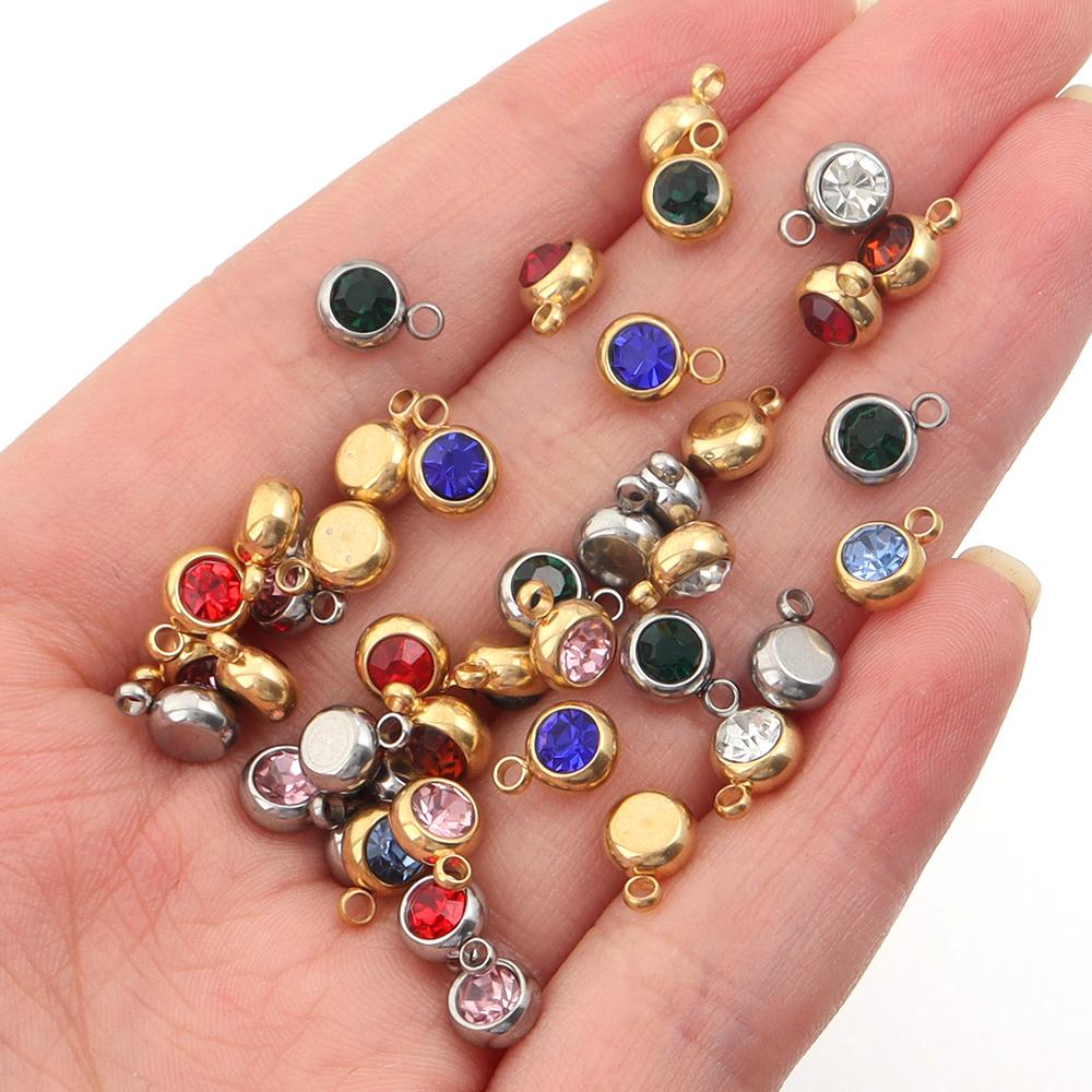 10Pcs Mini Birthstone Charms Stainless Steel Round Rhinestone Crystal Pendant for Jewelry Making DIY Necklace Bracelet Findings