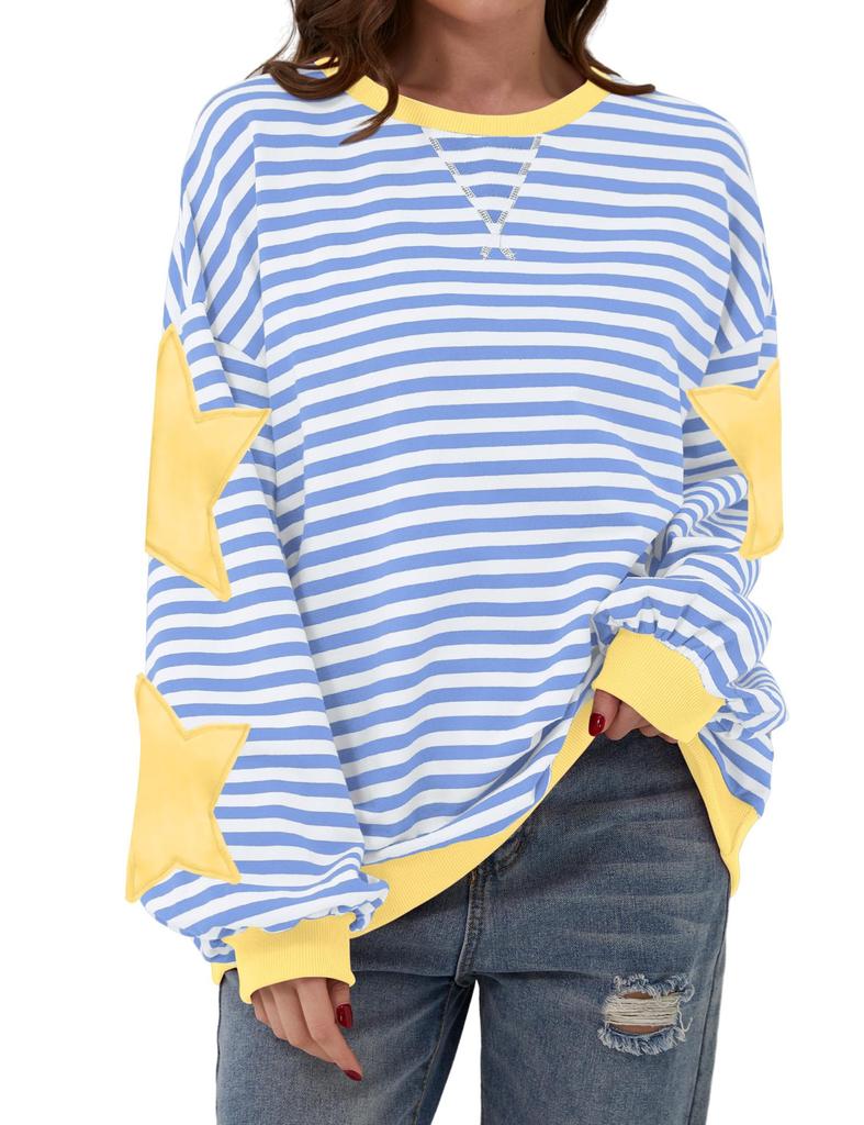 Women's Crew Neck Long Sleeve Sweatshirt A Line Fit Striped Star Patchwork Casual Spring Pullover Top