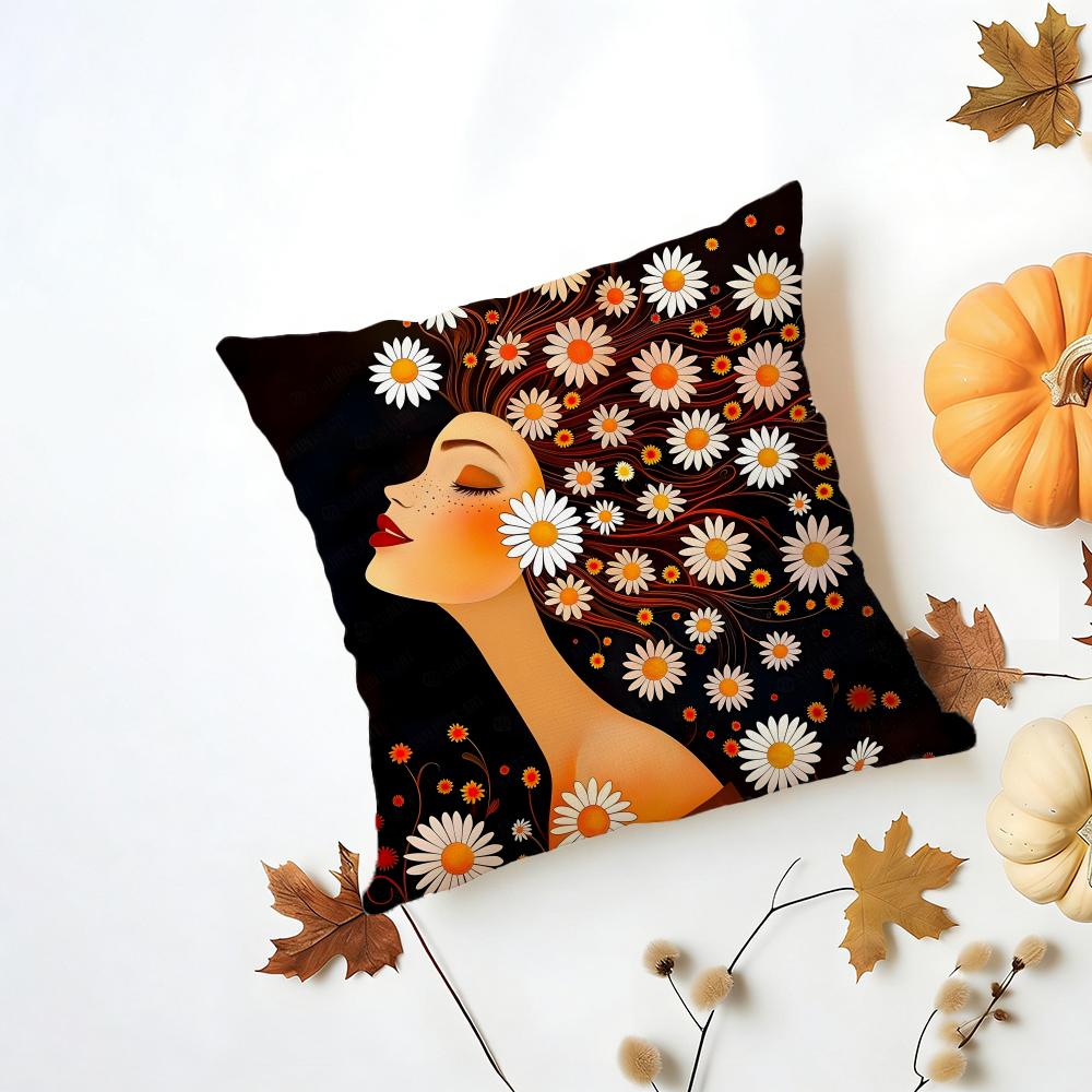 Casual Romantic Dreamy Flowers Girl Hairs Cushion Cover Washable Linen Pillowcase Soft for Daily Sofa Bed Home Room Decor
