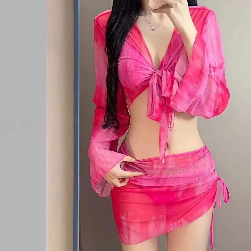 Korean version split four-piece bikini long-sleeved sunscreen blouse wrapped skirt drawstring design sense Internet celebrity swimsuit women