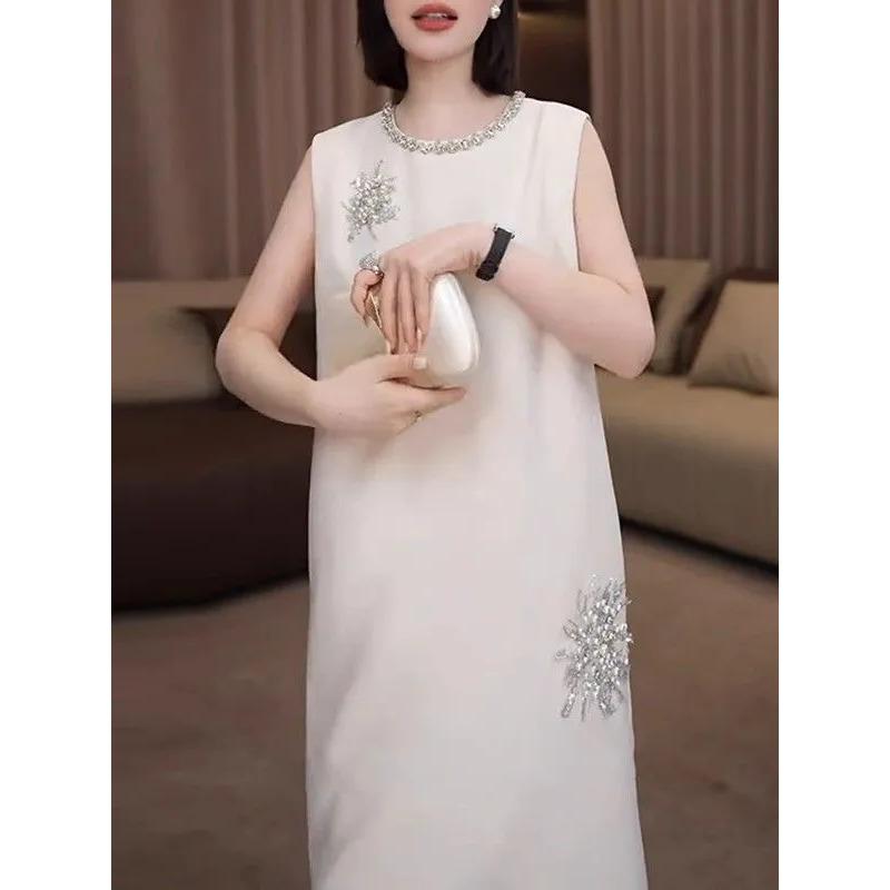 French Style Diamond Round Neck Sleeveless Dress High-end Casual Commuting Straight Skirt for Women
