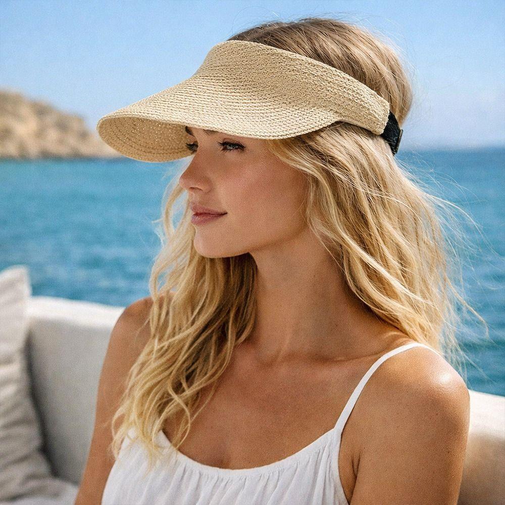Raffia Summer Visors Hat Anti-UV Empty Top Hat Fashion Foldable Sun Hat  for Travel Outdoor Beach