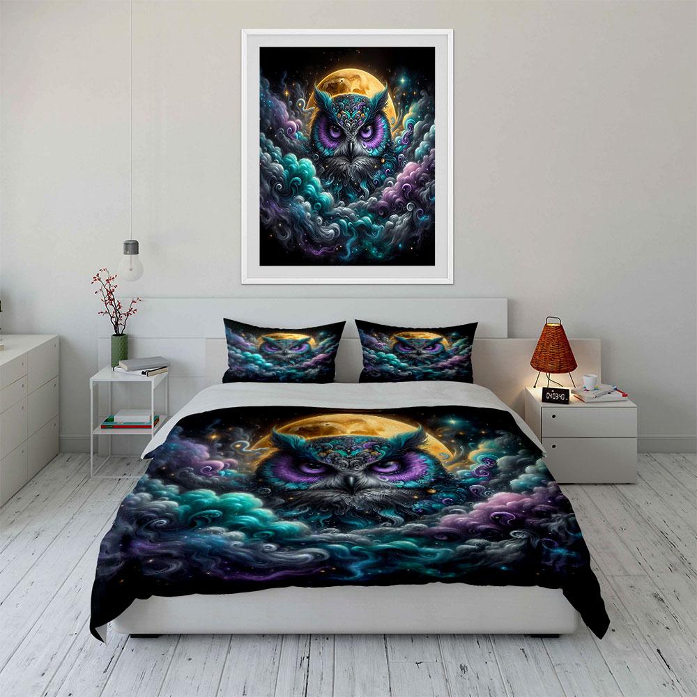 Mystical Owl Artwork Set Bedding Set with 1 Duvet Cover 2 Pillowcases Single Double King Queen, Gift