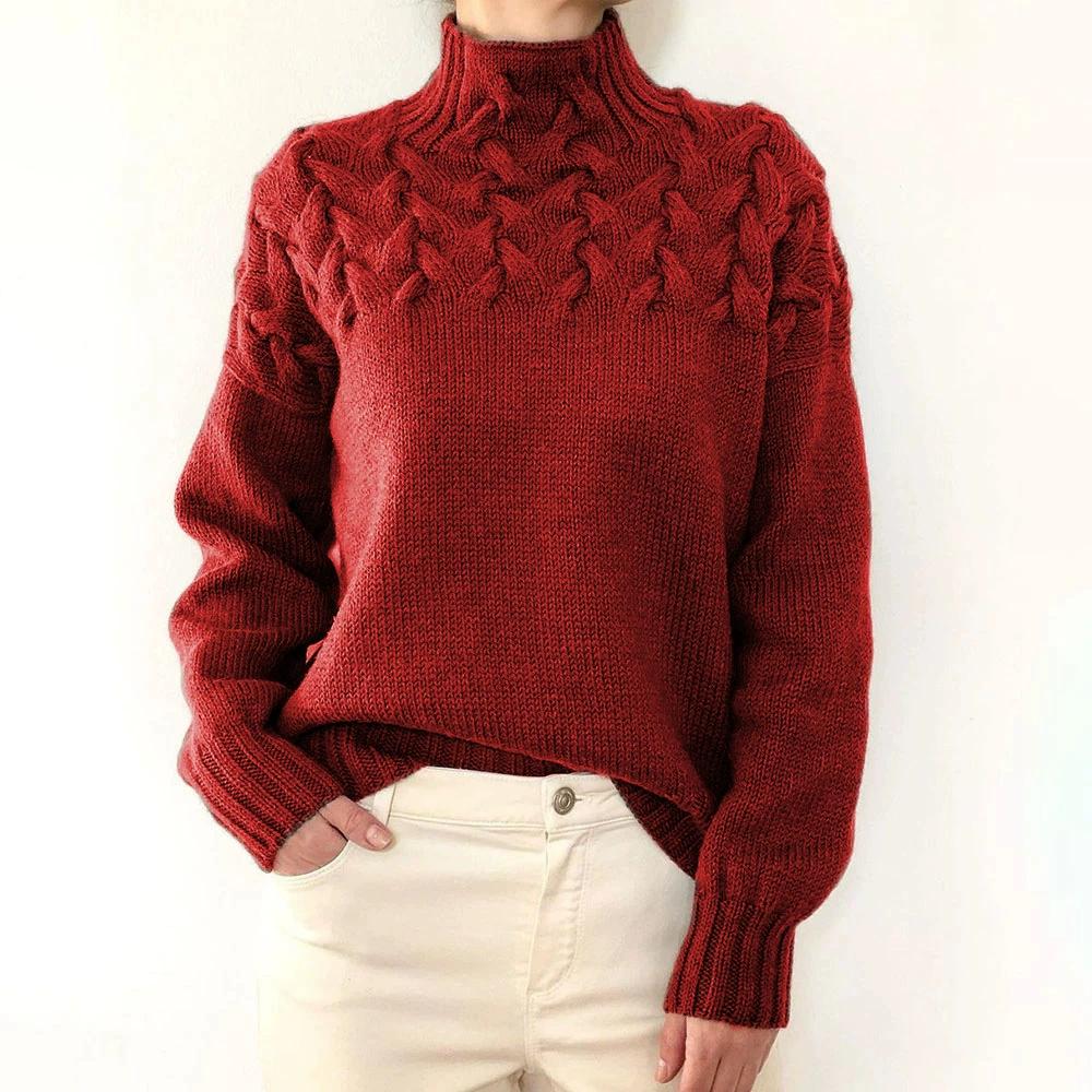 Women's Fashion Cable Weaving Details High Collar Long Sleeve Sweater for Women